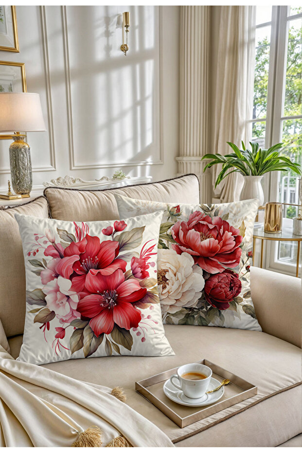 Cream Floor Red Flower Patterned Digital Printed 2-Piece Throw Pillow Pillowcase Set