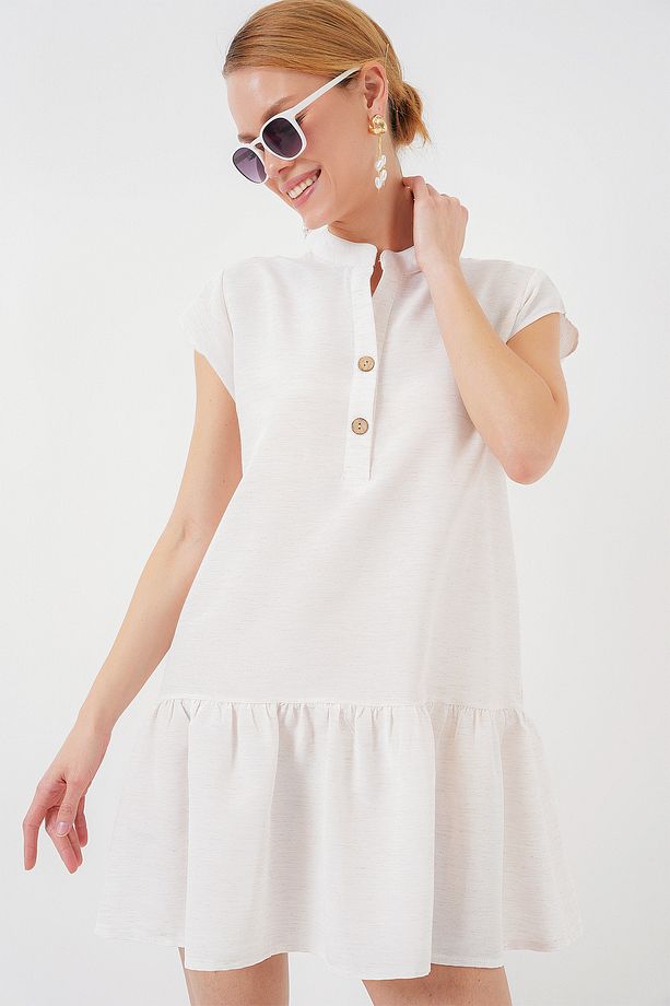 2425 Keten Mini Elbise - Ekru - 1