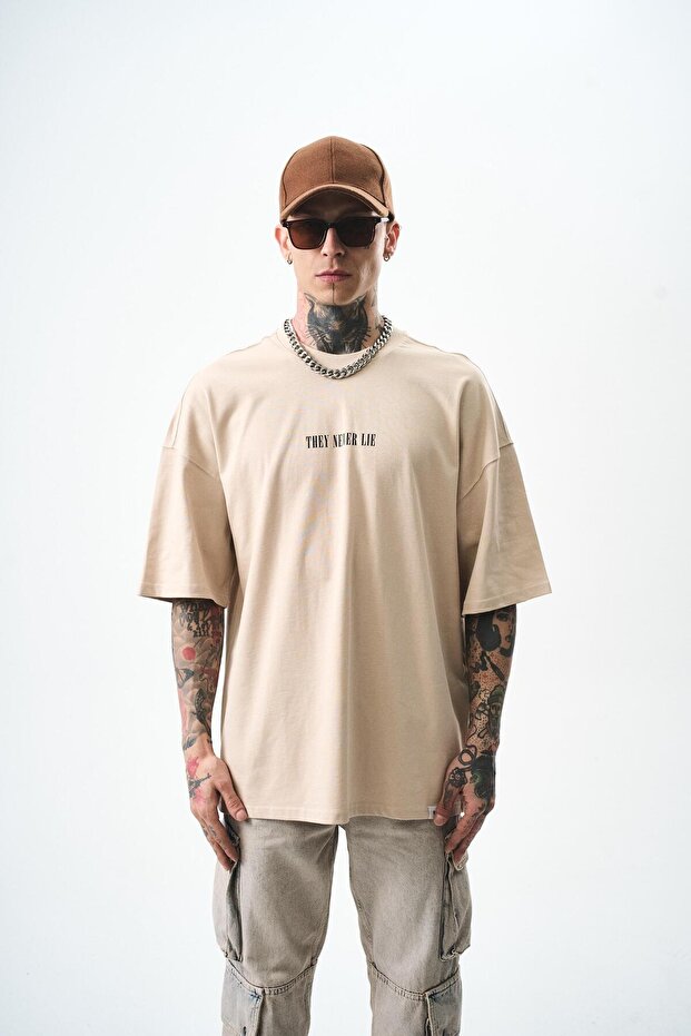 Never Lie Baskılı Tişört Bej - 2