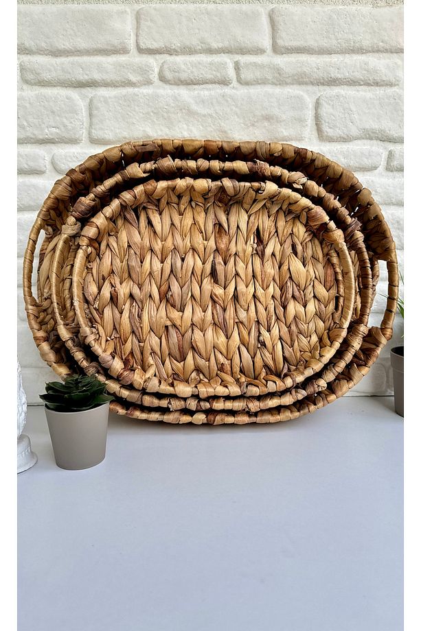 Küçük Hasır Su Sümbülü Doğal Doku Dekoratif Çok Amaçlı Tepsi Sunum/Organizer/Servis Tepsisi - 5