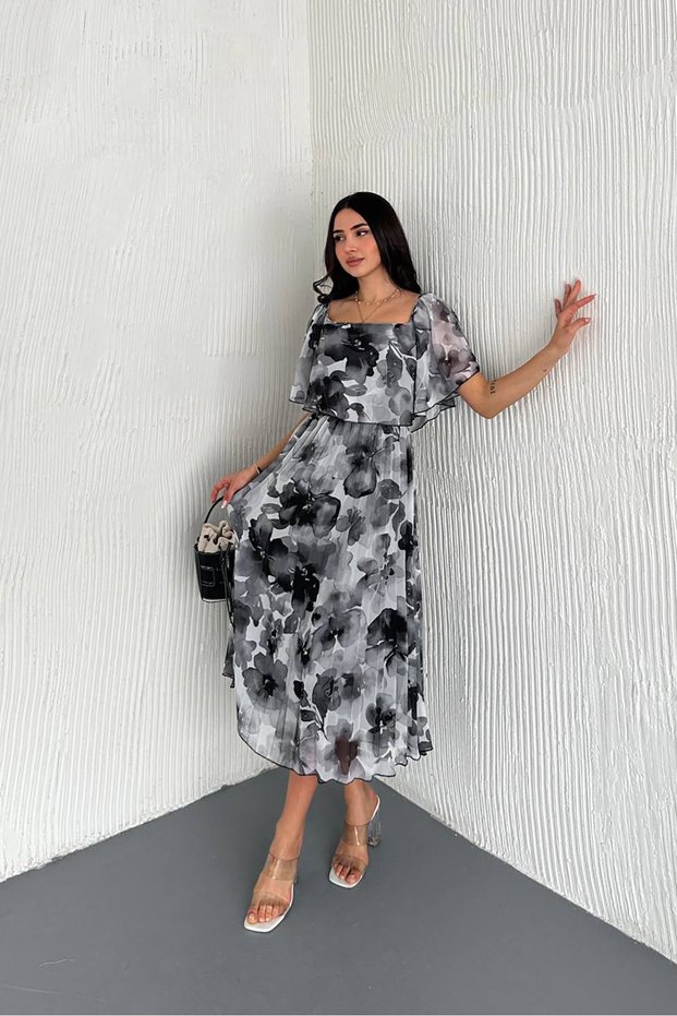 Women's Patterned Summer Midi Length Chiffon Dress Nbk018