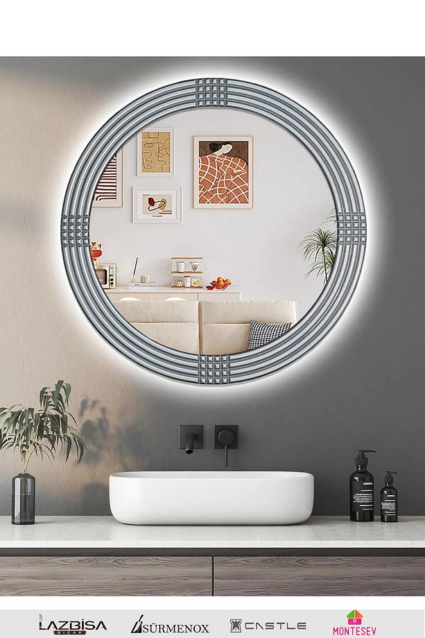 Led'li Işıklı Safir Ahşap Gümüş Dekoratif Ayna Yuvarlak Ayna Işlemeli Duvar Aynası Tekli - 56 Cm - 1