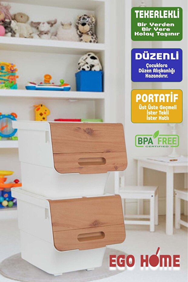 خزانة تنظيم الألعاب ذات العجلات المكونة من قطعتين مع صندوق تخزين بغطاء وسلة ألعاب متعددة الأغراض 24 لتر - 1