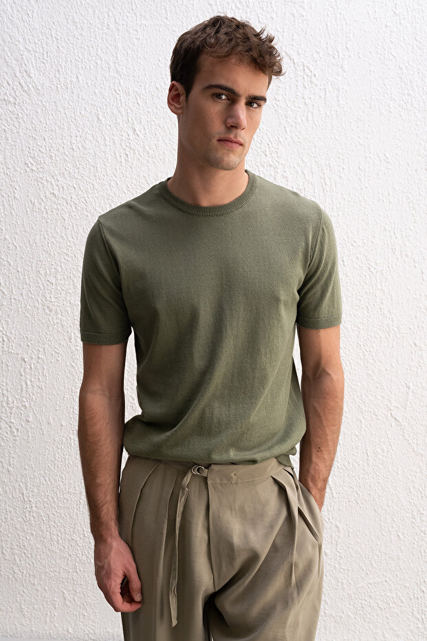 Crew Neck Knitwear Khaki T-Shirt
