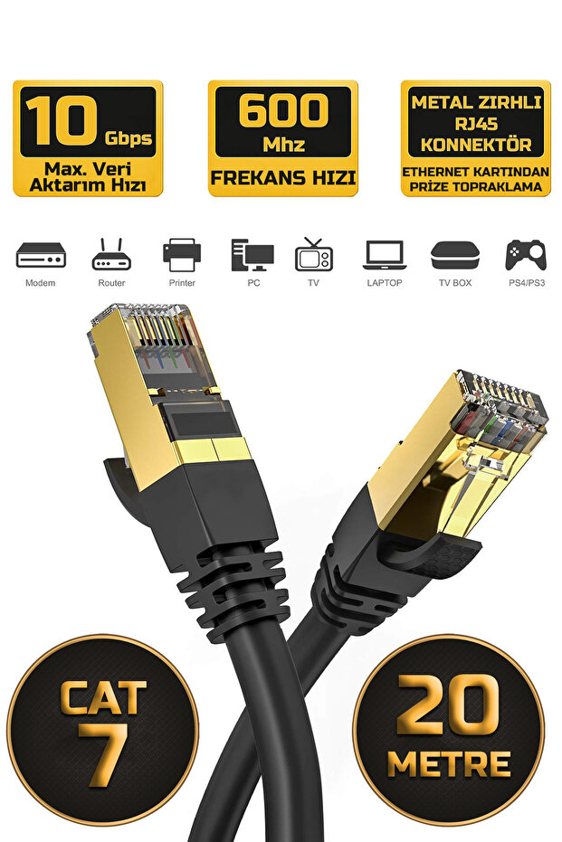 20 Meters Cat 7 Ethernet Cable 10 Gigabit/S 600 Mhz Premium Metal Armored Rj45 Connector