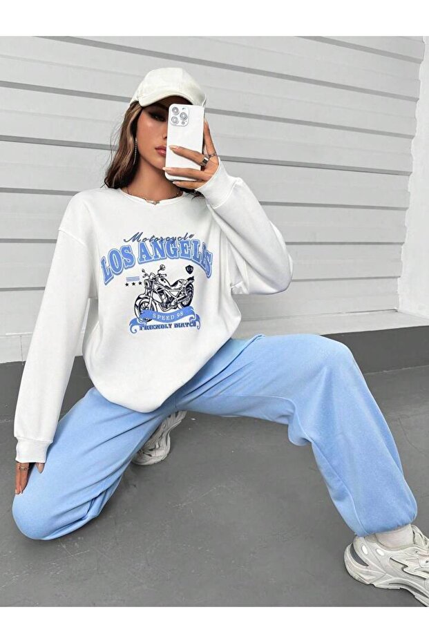 Los Angeles Motor Tracksuit Set White Sweatshirt Baby Blue Jogger - Printed Oversize Crew Neck