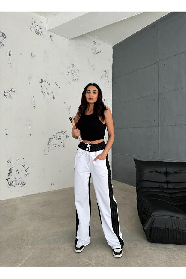 Bílé pytlovité kalhoty - černý detail, proužek, elastický pas - 2