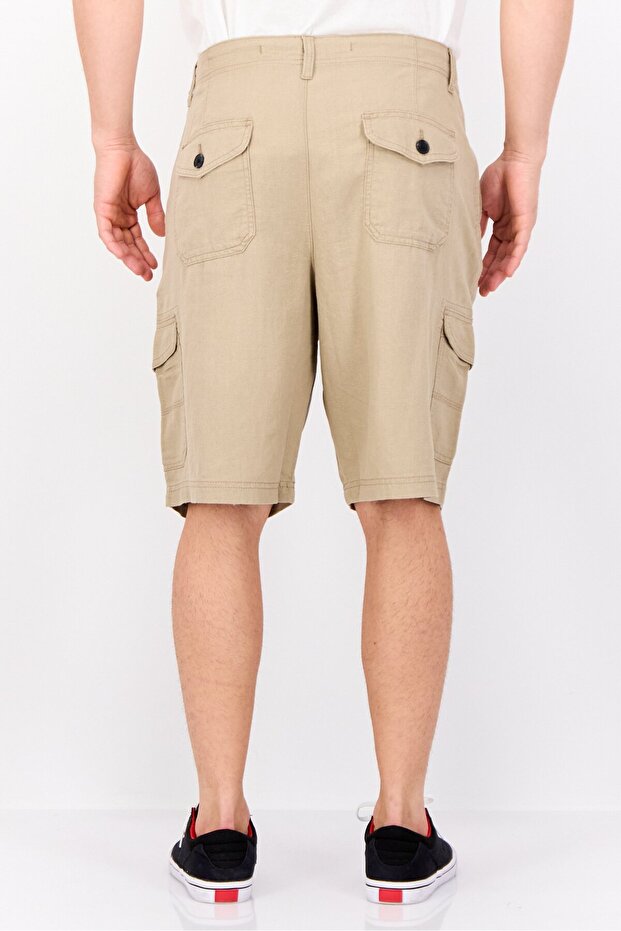 Men Plain Cargo Shorts, Beige - 3