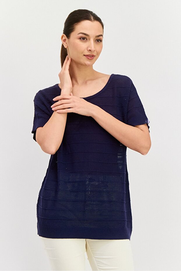 Women Round Neck Short Sleeves Crochet Top, Navy
