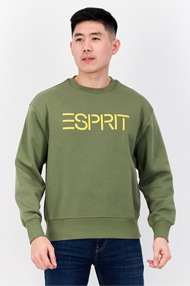 Men Crew Neck Long Sleeves Brand Logo Sweatshirts, Olive