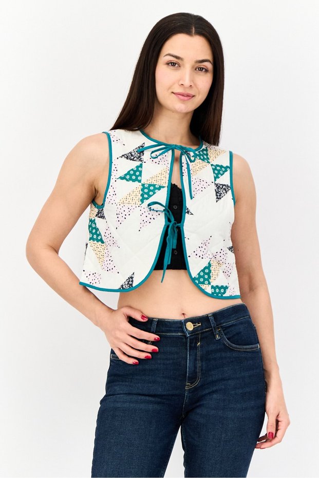 Women Tie Neck Sleeveless Allover Print Quilted Gilet Top, Off White