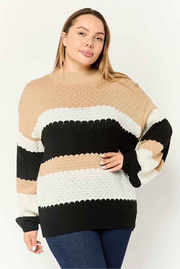 Women Mock Neck Knitted Sweater, Multicolor