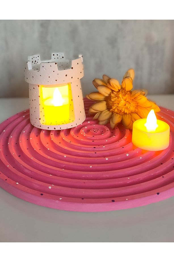 Pembe çizgisel yuvarlak tepsi dekoratif obje tutucu düzenleme - 4