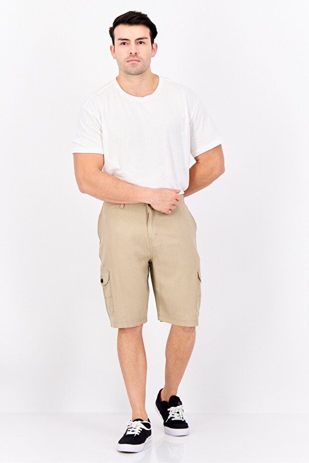 Men Plain Cargo Shorts, Beige - 4
