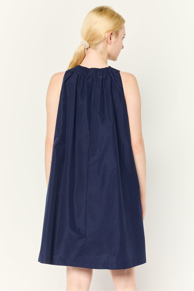 فستان قصير سادة للنساء بخطوط على شكل حرف A، أزرق داكن - 4