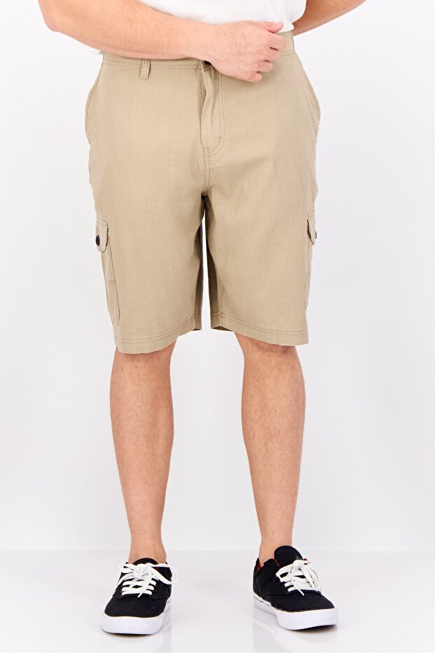 Men Plain Cargo Shorts, Beige - 1