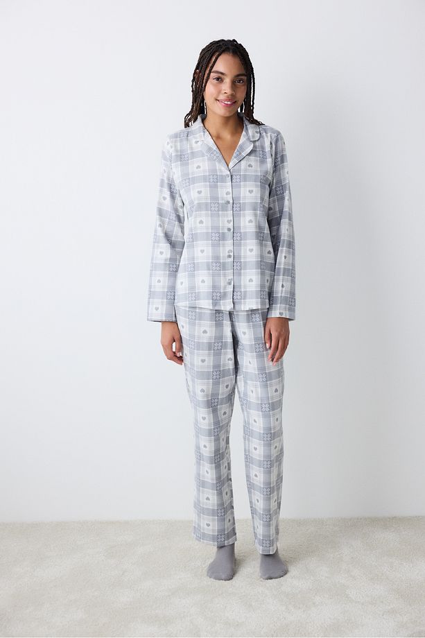 Grey Checked Koyu Gri Gömlek Pantolon Pijama Takımı - 1