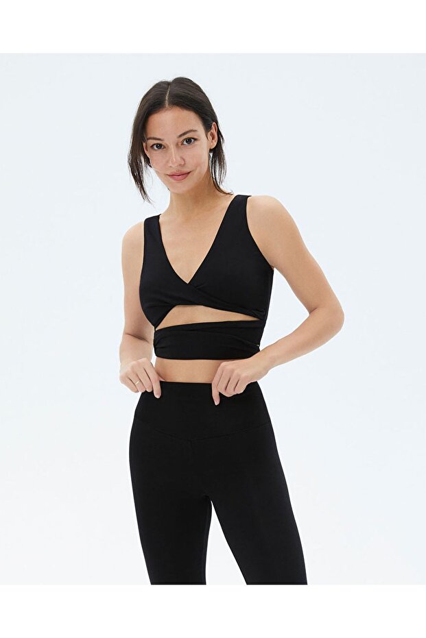 Black Women's Gathered Front Waist Strap Sports Yoga Bustier
