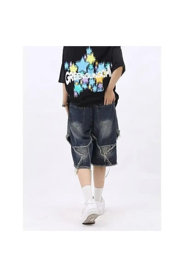 Stars Patch Detaylı Kot Pantolon Erkek Şort - 5