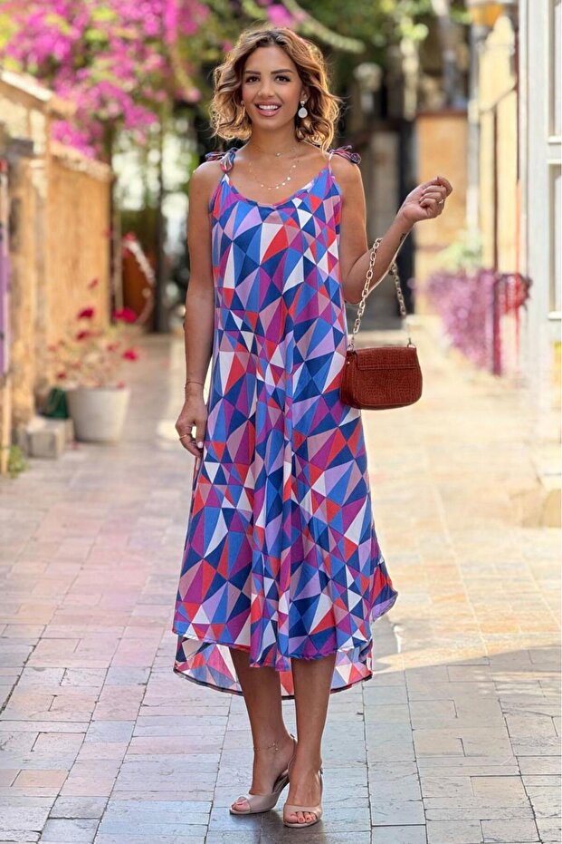 Purple Mosaic Patterned Tie Shoulder Strap Dress