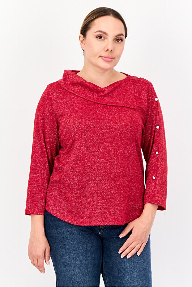 Women Mock Neck 3/4 Sleeves Metallic Blouse, Red