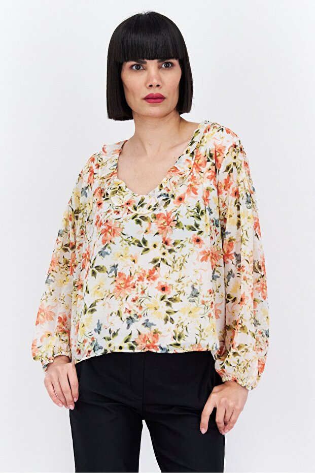 Women V-Neck Long Sleeve Floral Print Blouse, Ivory Combo