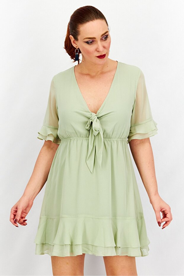 Women Tie Front Sheer Tiered Sleeve Casual Mini Dress, Olive