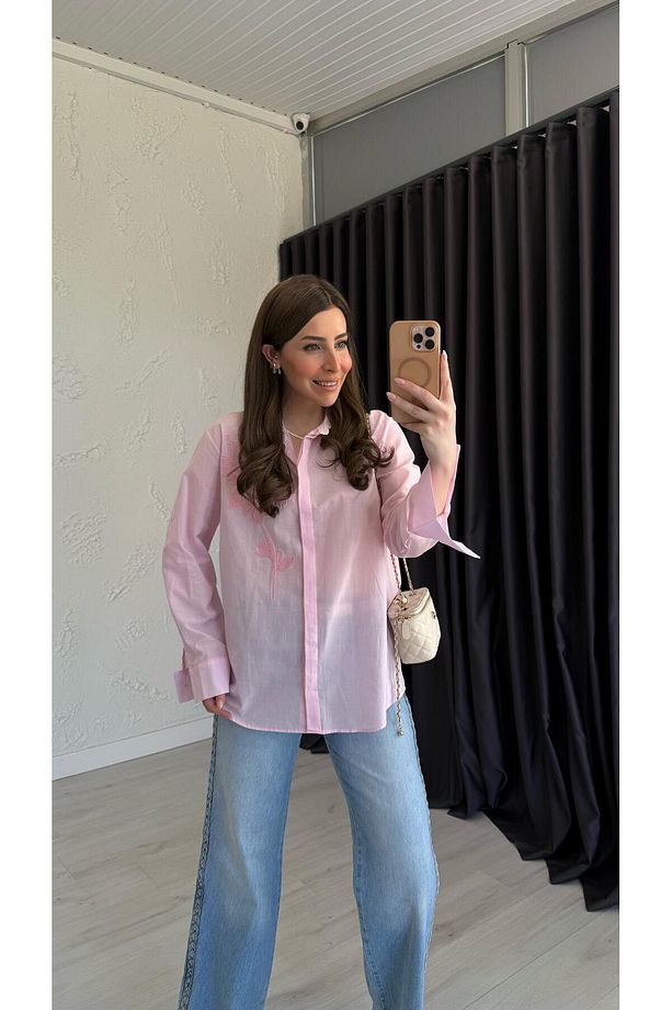 Punck İşlemeli Gömlek Pembe - 4