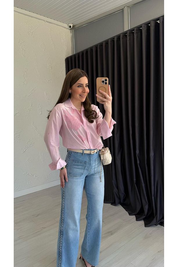 Punck İşlemeli Gömlek Pembe - 1