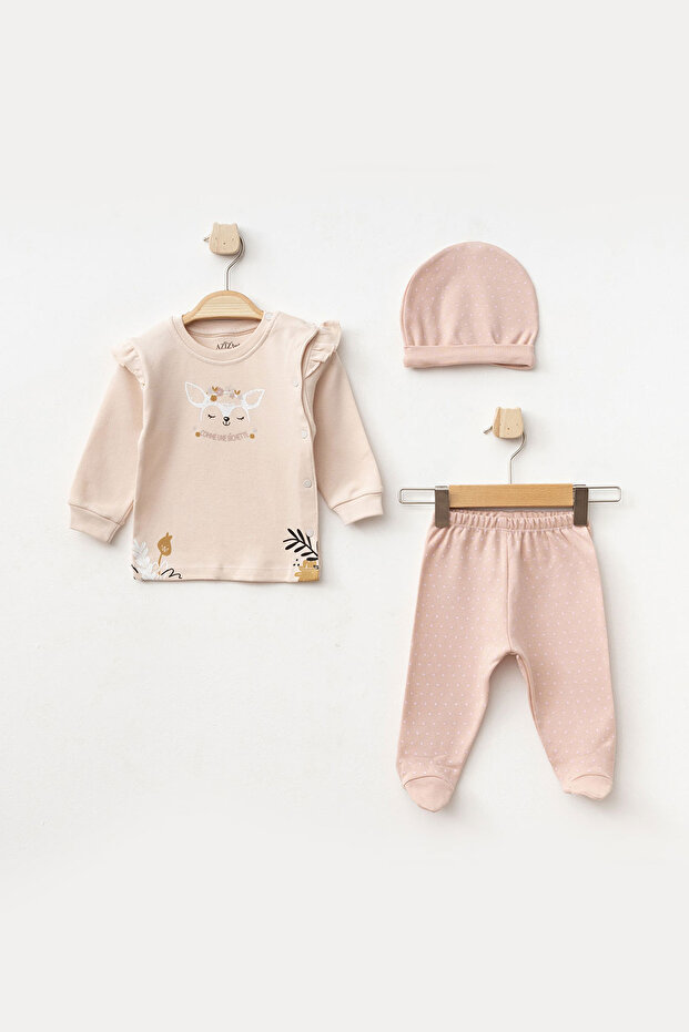 Baby Girl Animal Patterned Bodysuit, Trousers, Beret, 3-Piece Bottom and Top Baby Set 0 Months-6 Months