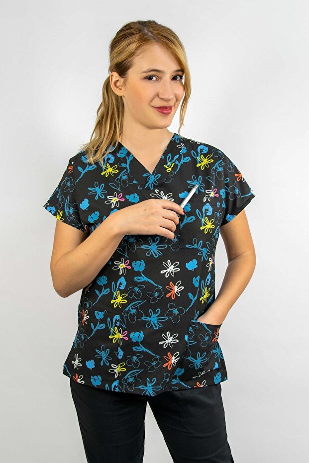 Unisex Navy Blue Floral Patterned Surgical Doctor Nurse Single Top Jersey