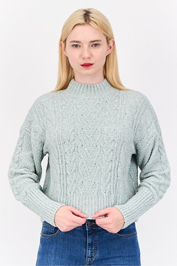 Women Mock Neck Knitted Sweater, Light Sage Green