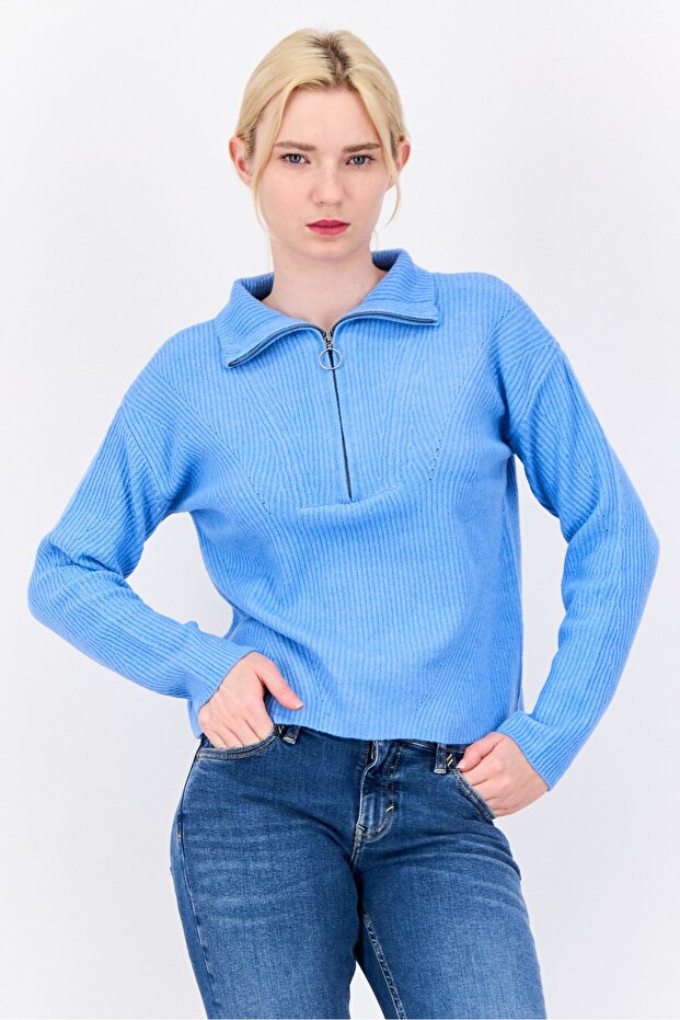 Women Mock Neck Knitted Sweater, Blue