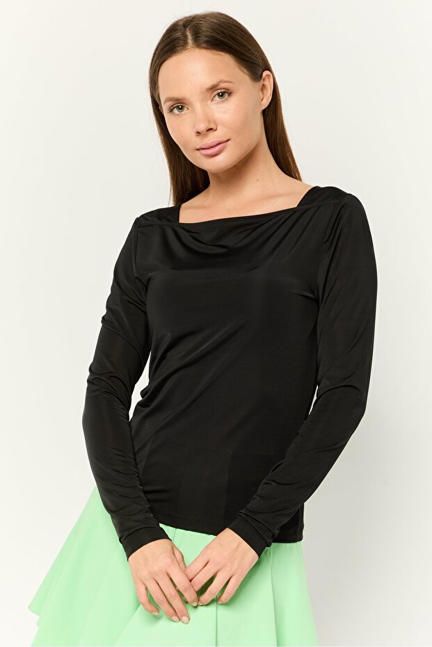 Women V Neck Long Sleeves Solid Top, Black