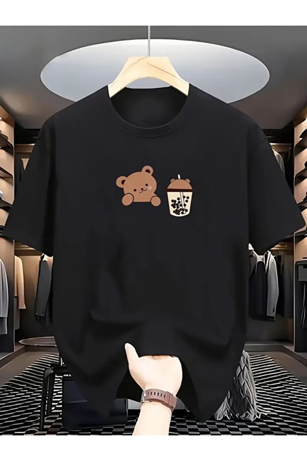 Unisex Black Coffee and Teddy Bear Printed Oversize Cotton Summer Breathable Casual Stylish T-Shirt