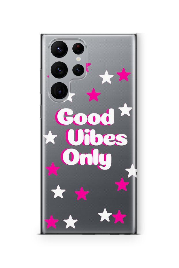 حافظة شفافة مطبوعة بتصميم Good Vibes فقط متوافقة مع هاتف Samsung Galaxy S22 Ultra