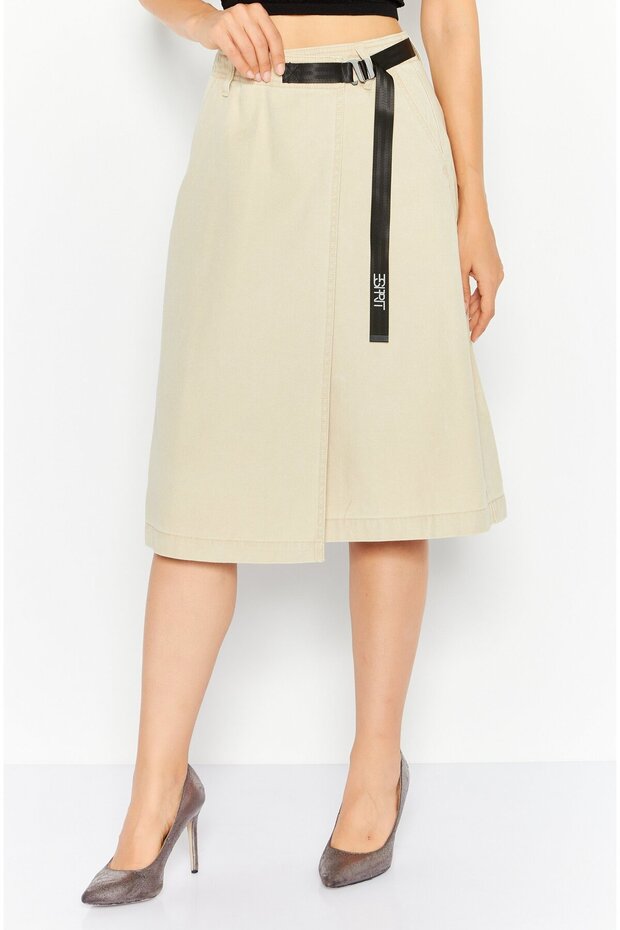 Women Plain Buckle Waist Midi Skirts, Beige