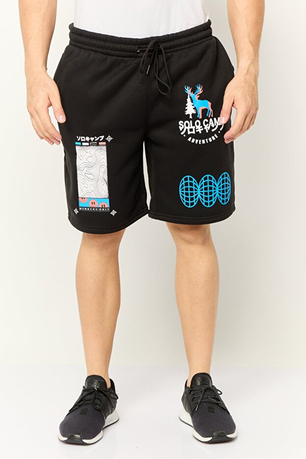 Men Graphic Drawstring Basic Shorts, Black - 1
