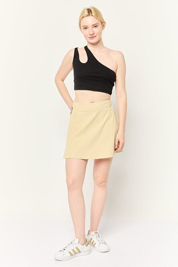 Women Solid Denim Mini Skort, Beige - 2