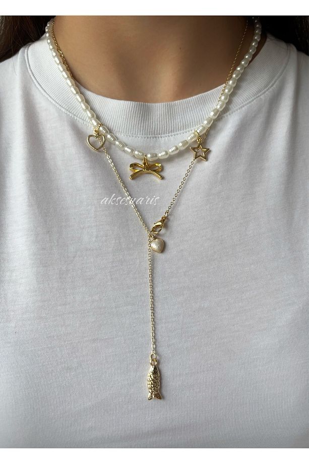 2'li İnci Charm Dekolte Kolye Set - 1