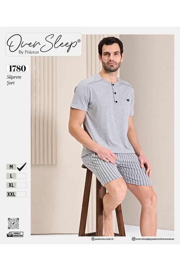 Gri Melanj Renkli Süprem Kumaş Şortlu Erkek Pijama Takımı - 1