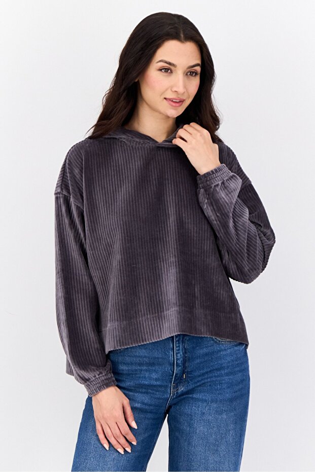 Women Textured Long Sleeves Hoodie, Dark Grey