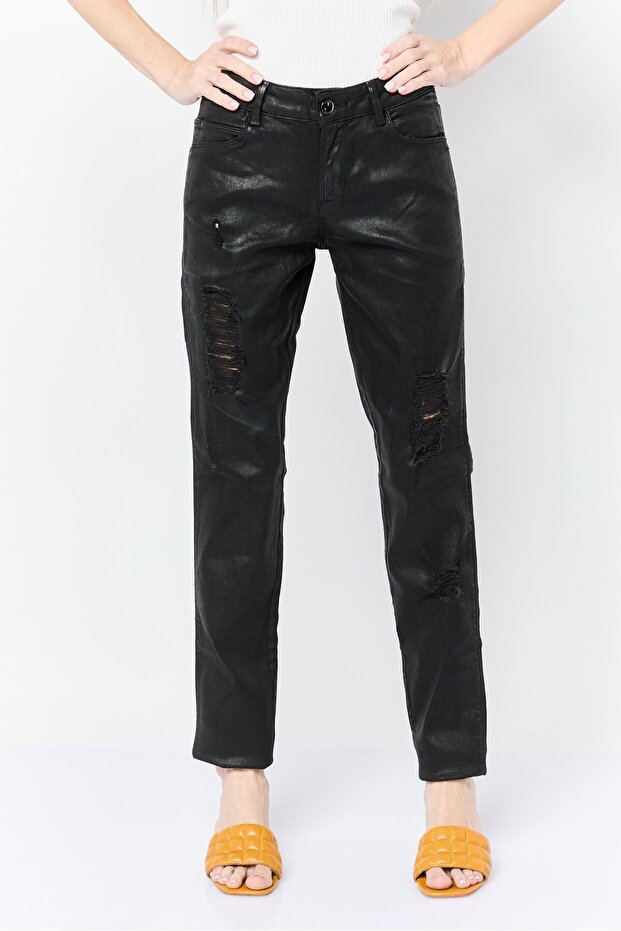 Women Curve Mid Waist Solid Rip Skinny Jeans, Black