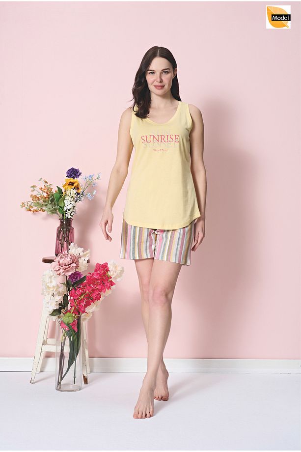 Sarı Renkli Modal Kumaş Askılı Şortlu Kadın Pijama Takımı - 1