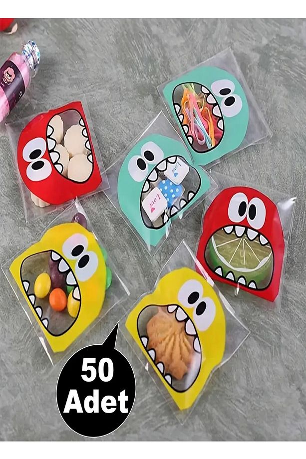 Canavar Desenli Bantlı Şeffaf Poşet Hediyelik Kendinden Yapışkanlı Jelatin 10x15cm 50 Adet - 1