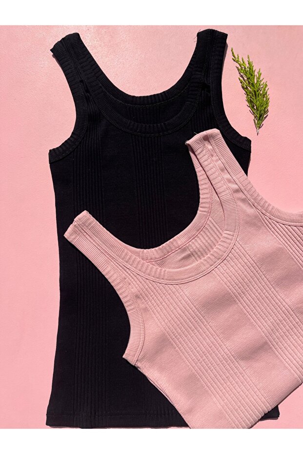 Cotton Striped Report Camisole Fabric Thick Strap Knitted 2-Piece Black, Powder T-Shirt Undershirt