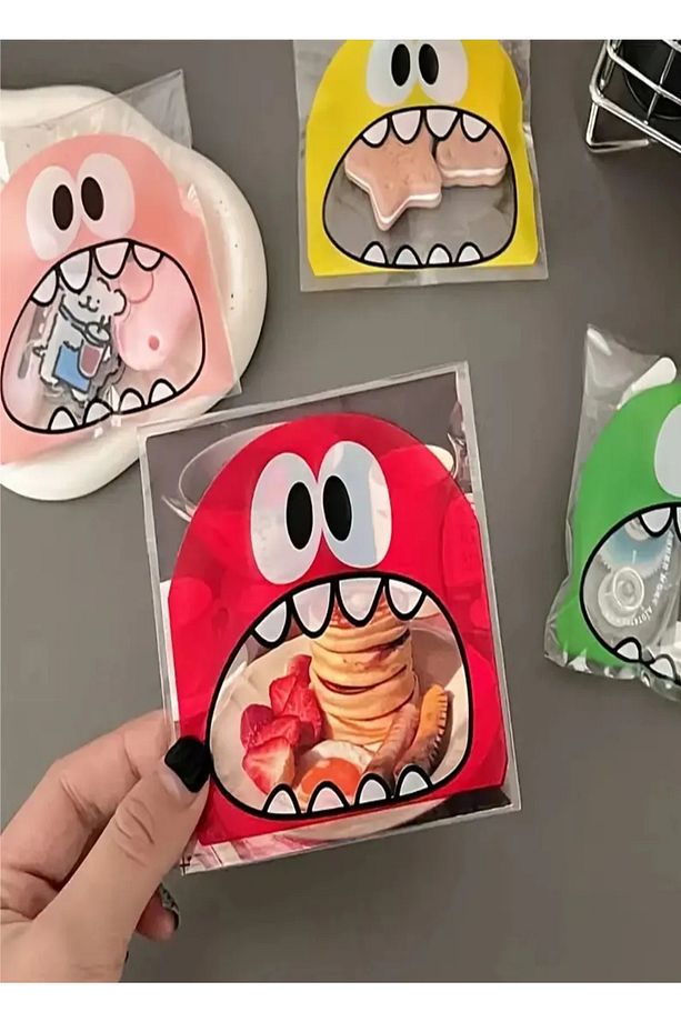 Canavar Desenli Bantlı Şeffaf Poşet Hediyelik Kendinden Yapışkanlı Jelatin 10x15cm 50 Adet - 2
