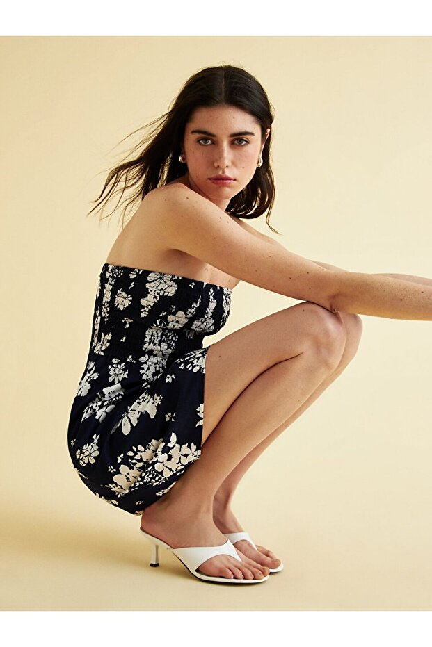 Çiçekli Mini Lacivert Elbise - 7