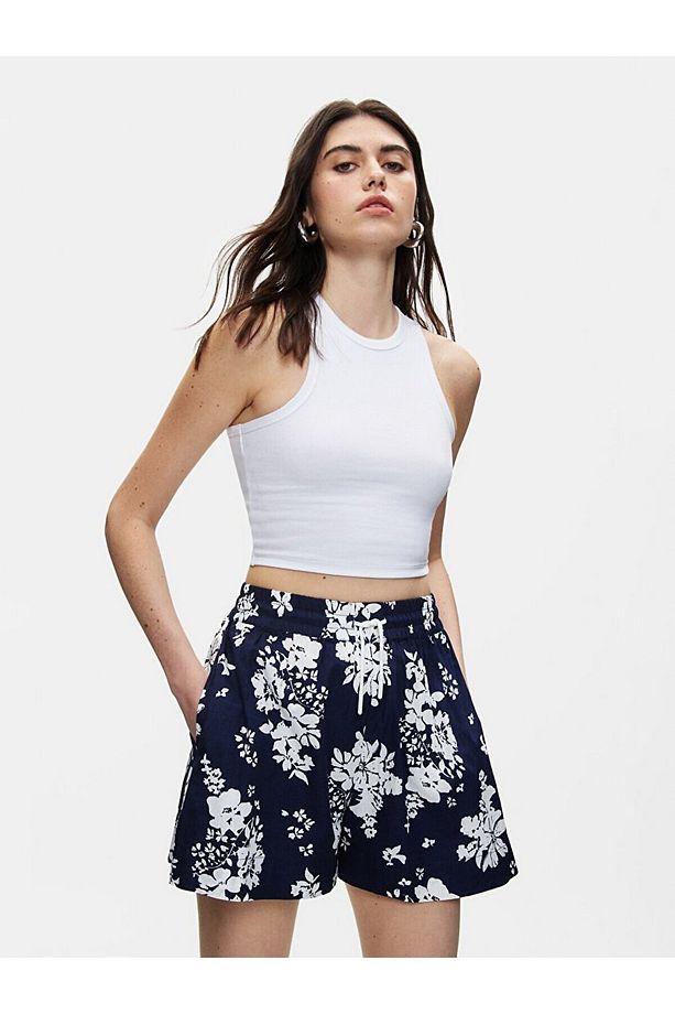 Çiçekli Mini Poplin Lacivert Şort - 7