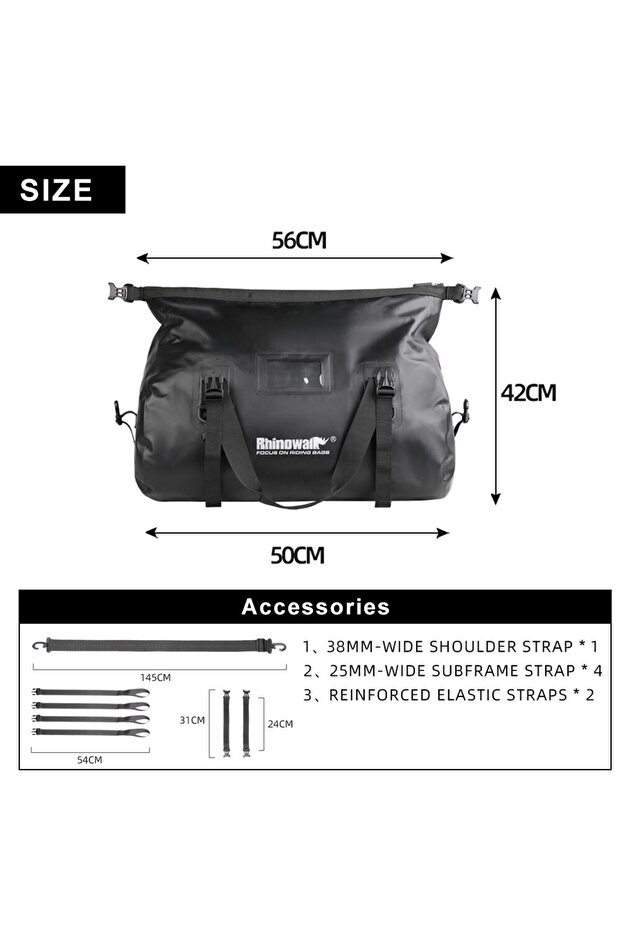 Black-45L Motorcycle Bag 45L Waterproof PVC Tail Saddle Bag Durable Dry Luggage